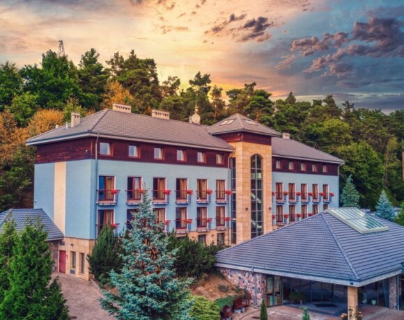 Czteropiętrowy budynek z niebieską elewacją z drzewami oraz malowniczym niebem w tle.