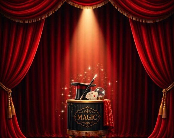 Velvet-curtained stage with spotlight on a small table labeled 'Magic' holding a top hat, wand, cards, crystal ball.