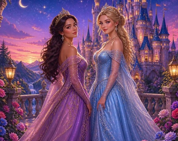 Two women in jeweled purple and blue ball gowns and tiaras on a flowered stone terrace at dusk, a lit fairytale castle beyond.