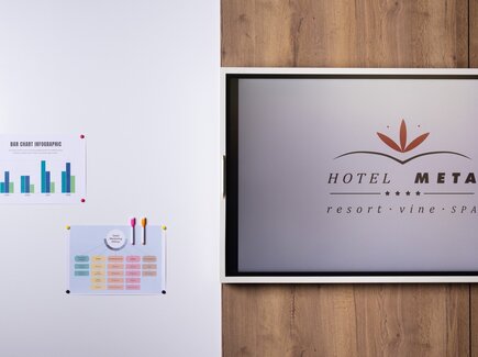 Gerahmtes Hotel Meta-Logo auf Holzverkleidung neben angepinnten Diagrammen und Marketing-Infografiken