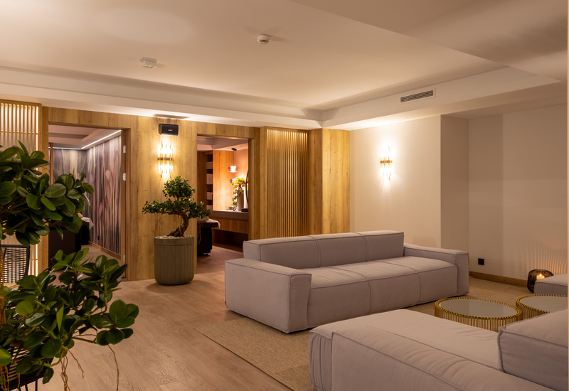 Calm hotel lounge with plush gray sofas, warm wood paneling, potted bonsai, soft wall sconces and cozy seating near spa