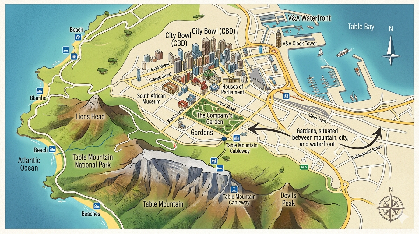 Gardens Cape Town central location between Table Mountain and city attractions