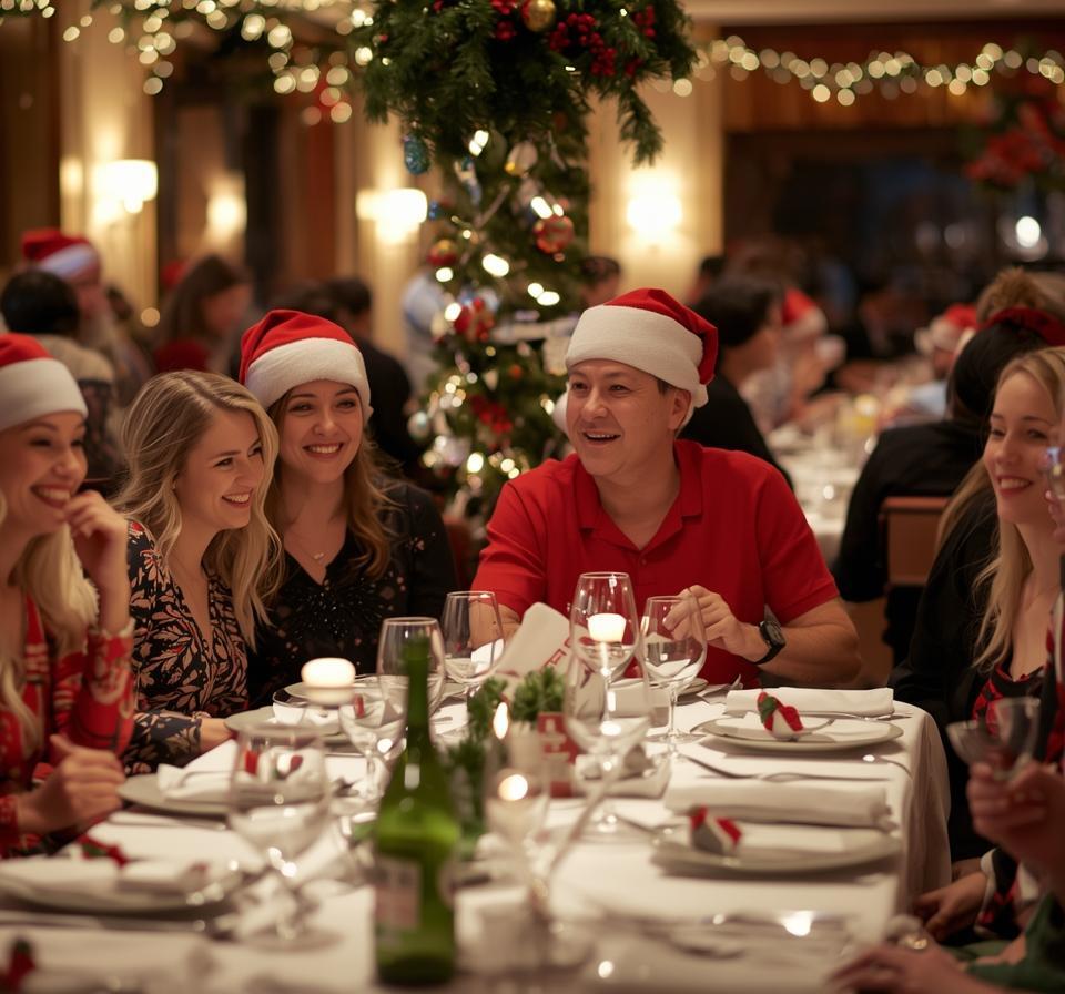 Hotel dining room holiday banquet with guests in Santa hats, decorated tree, warm lights, long table set with wine glasses and festive place settings