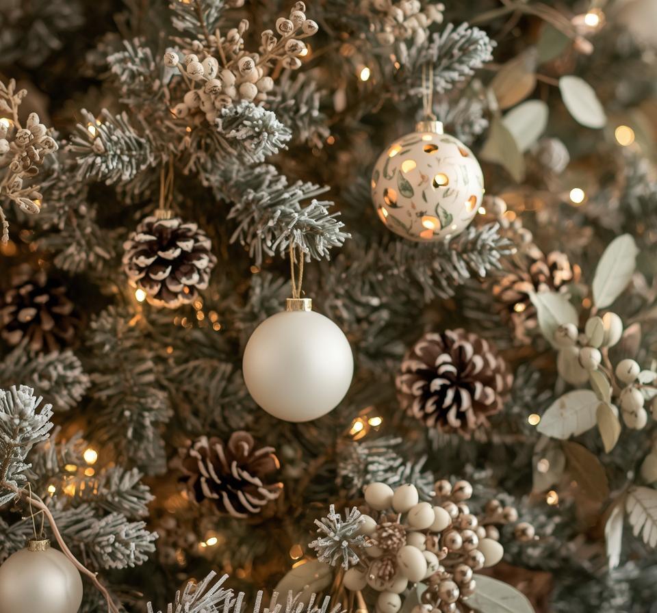 Frosted Christmas branches with white and patterned baubles, pine cones, white berry sprigs and warm fairy lights.