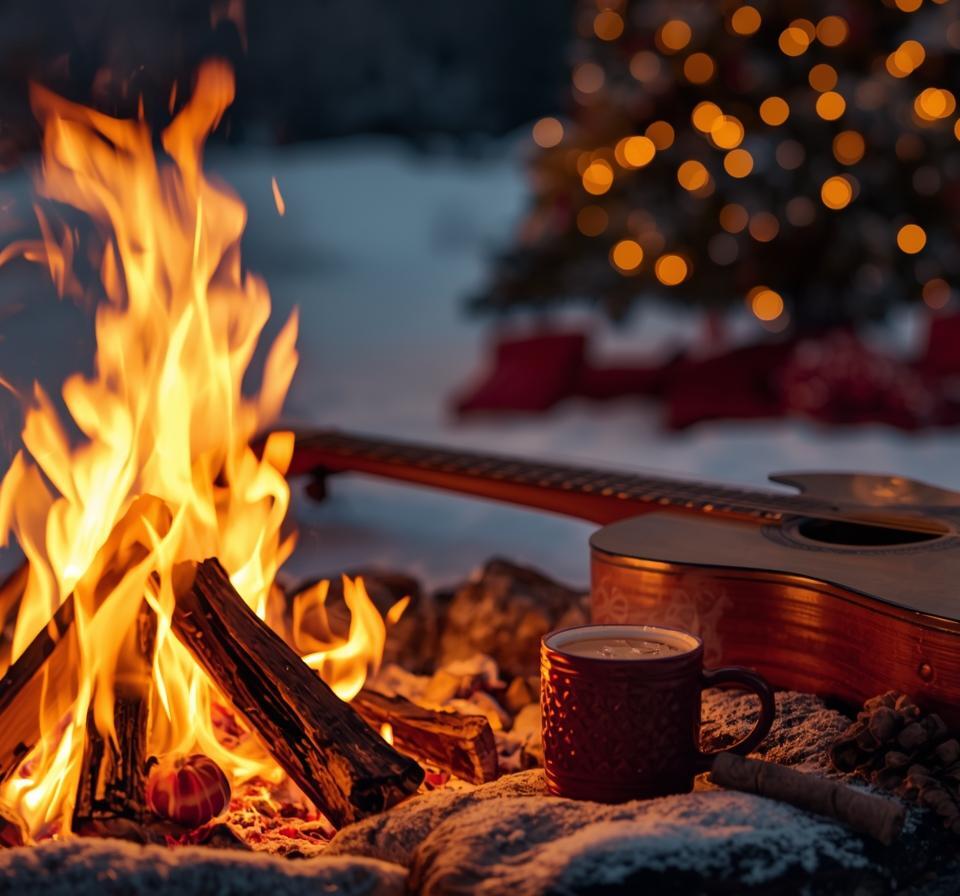 Outdoor winter bonfire by a guitar and mug of hot drink, snow-covered ground and blurred lit Christmas tree nearby.