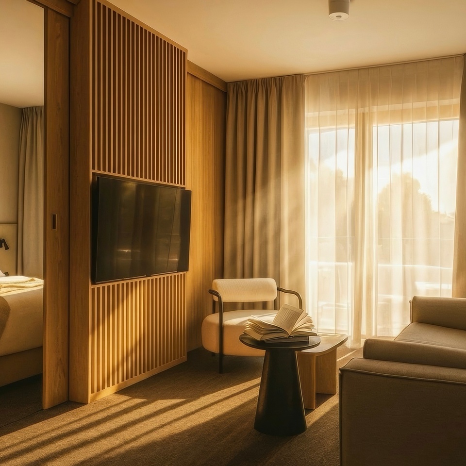 Warm, modern hotel suite with king bed, wooden slatted TV divider, sofa, armchair, small table with open book and sunlit balcony window