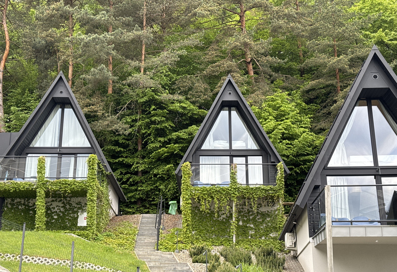 Schwarze A-Frame-Hütten mit bodentiefen Fenstern, Balkonen und efeubewachsenen Fassaden vor dichtem Kiefernwald, Betten oben sichtbar.