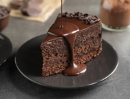 A cake served as a dessert in an elegant hotel restaurant