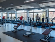 People training on exercise bikes and elliptical trainers in a modern gym with a view