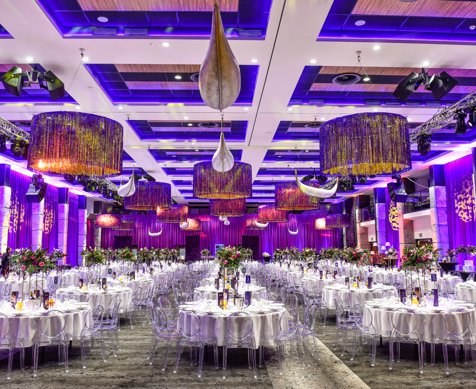 A room prepared for the ceremony with atmospheric lighting and unique individual decorations