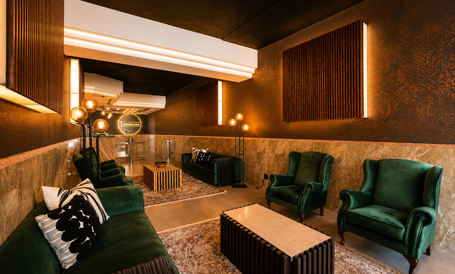 Intimate hotel lounge with emerald velvet sofas, armchairs, slatted wood coffee tables, globe lamps, marble walls and warm lighting