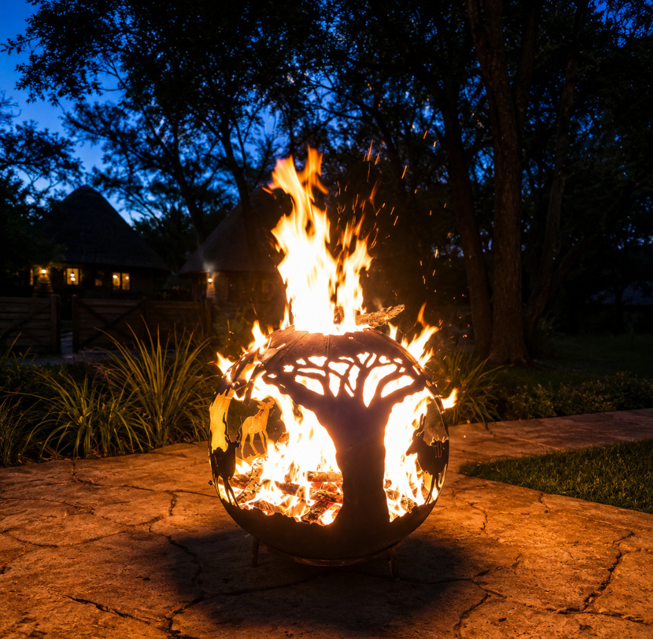 Spherical metal fire pit with tree and animal cutouts blazing on stone patio, creating warm glow by thatched lodge at dusk