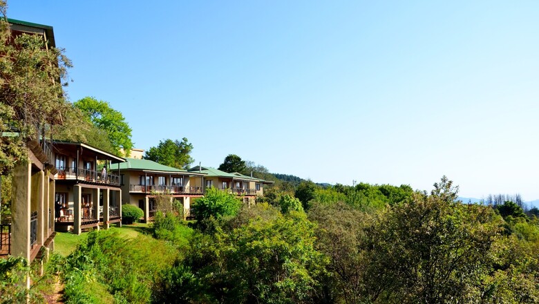 Magoebaskloof Hotel in Limpopo, with private balcony rooms and green roofs overlooking a lush forested valley, distant hills and sunny blue skies.