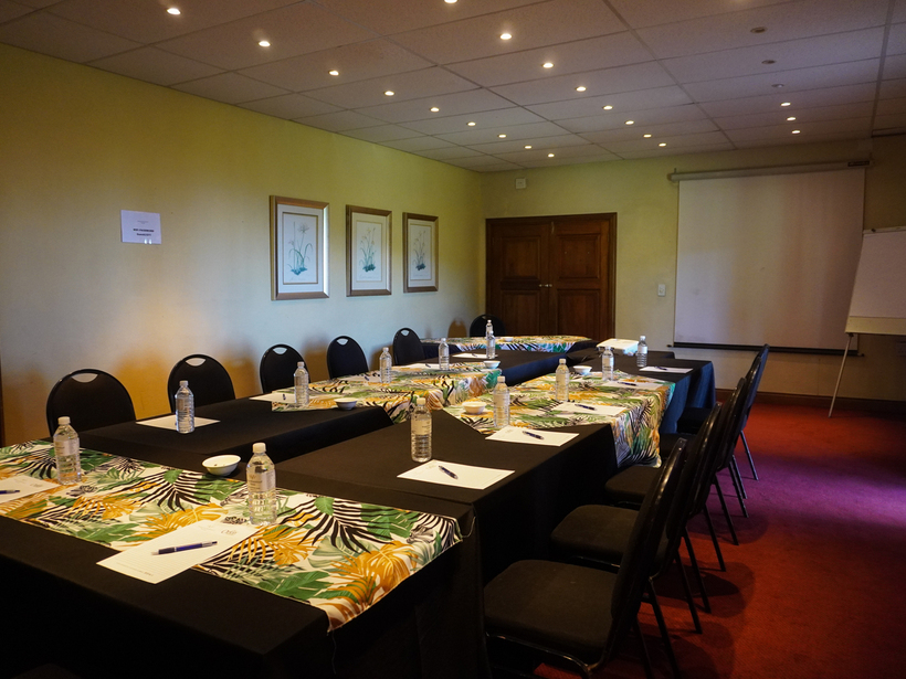 Modern conference venue at Magoebaskloof Hotel near Tzaneen, featuring a professional meeting setup with tables, seating and presentation facilities for corporate events and training sessions.