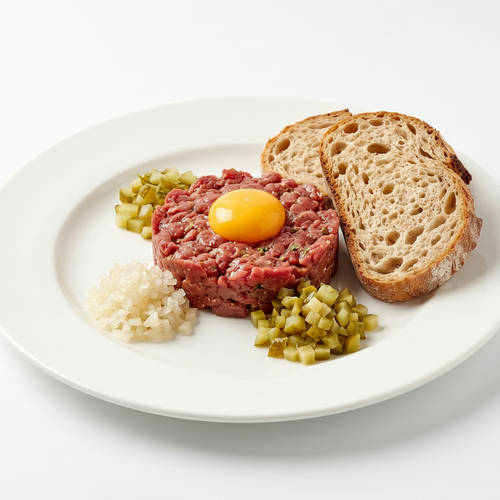 Tatar wołowy 🐄 (150g)Wołowina / żółtko / marynowana cebula / ogórek kiszony/ pieczywo