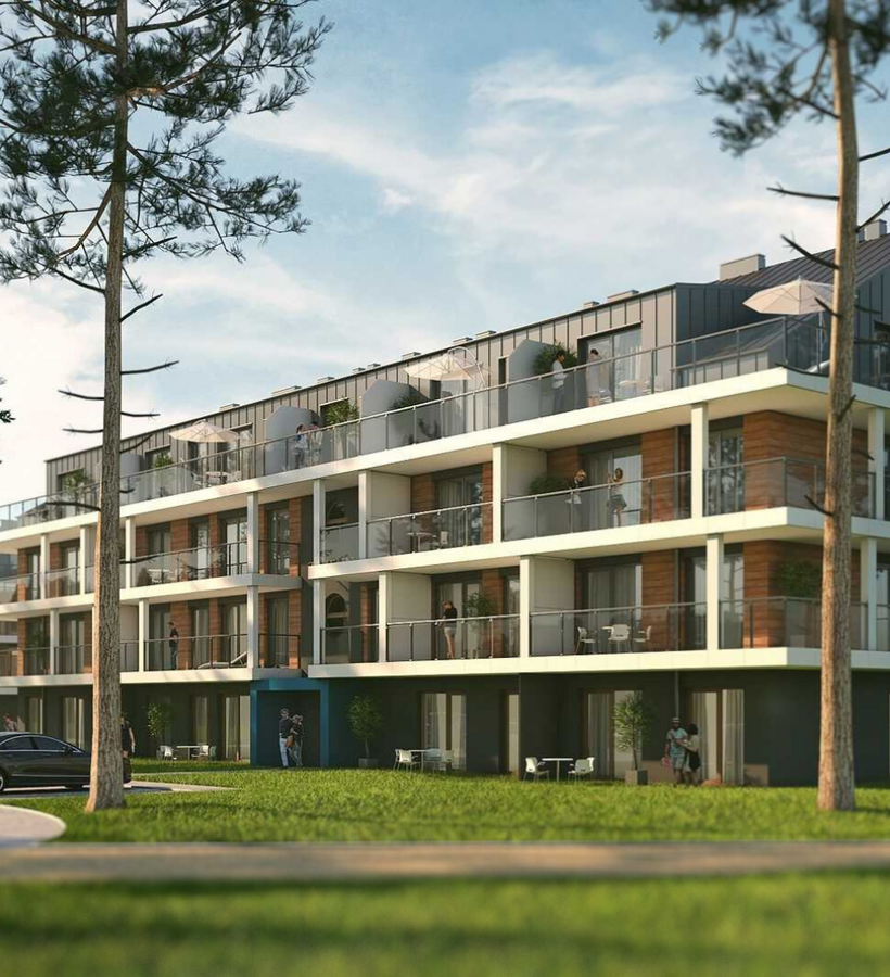 Modern hotel surrounded by forest with balconies and terraces, guests walking, cycling, and relaxing outdoors.
