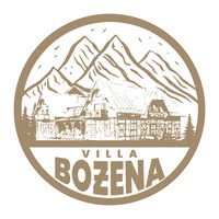 Logo willi Bożena: okrągły rustykalny znak w brązowych odcieniach z rysunkiem gór, drewnianej willi i napisem VILLA BOŻENA