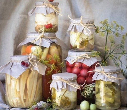 Pickles in the Kamieniec Palace restaurant. Pickled vegetables. Pickled radish. Pickled cucumbers.