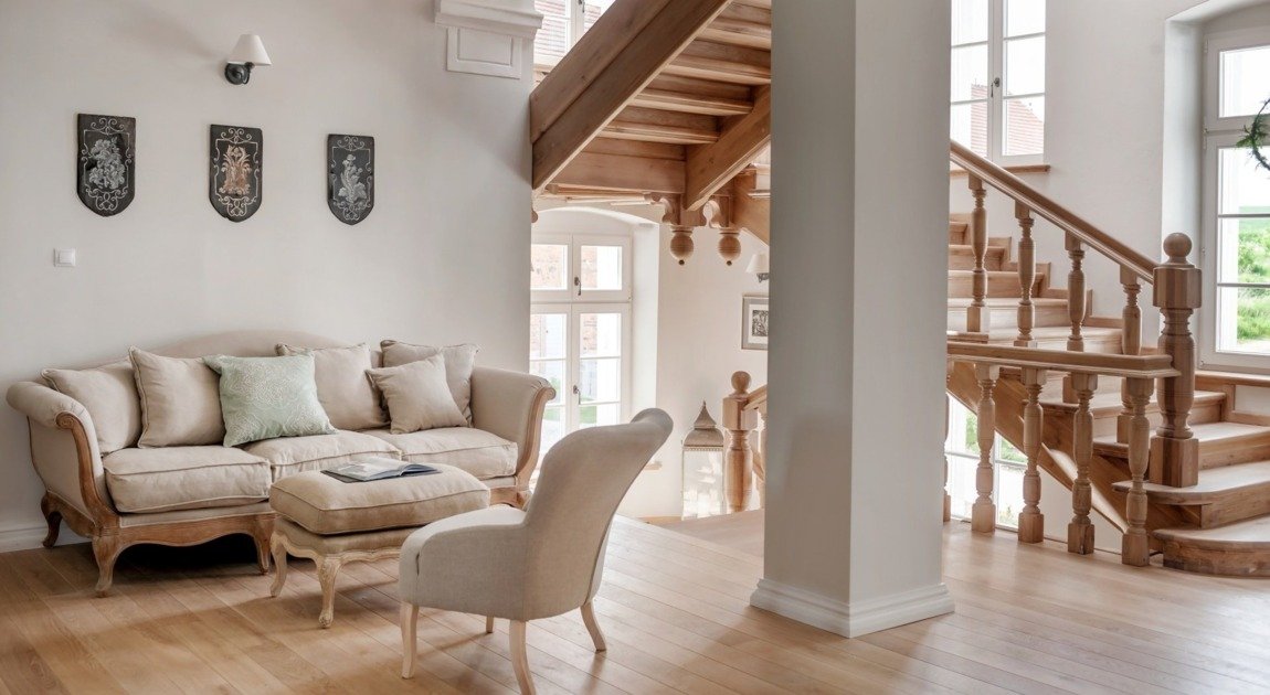 A staircase with beautiful oak stairs in the Kamieniec Palace