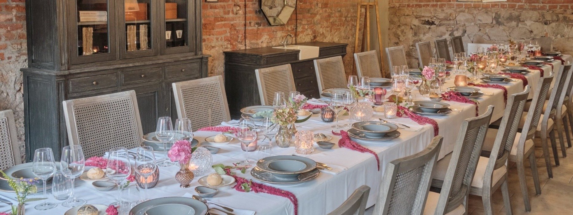A decorated table in the Kamieniec Palace. Tasteful decorations. Family party near Kłodzo