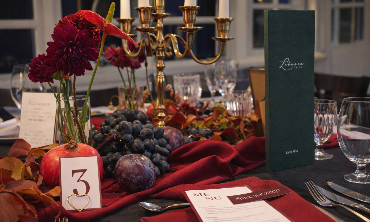 Elegancki stół bankietowy z mosiężnym świecznikiem, bordowymi obrusami, kiściami winogron, granatem, kwiatami, kartą menu i numerem stołu 3.