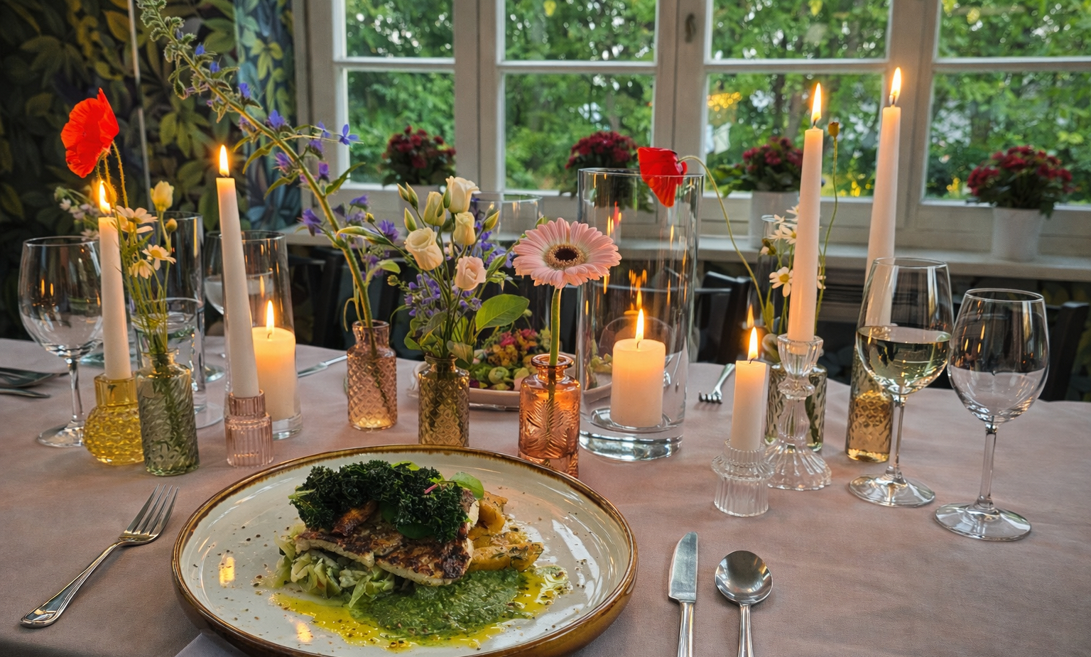Stół przy świecach z daniem rybnym, świeżą zieleniną, kieliszkami wina, wazonami z kwiatami i widokiem na ogród.