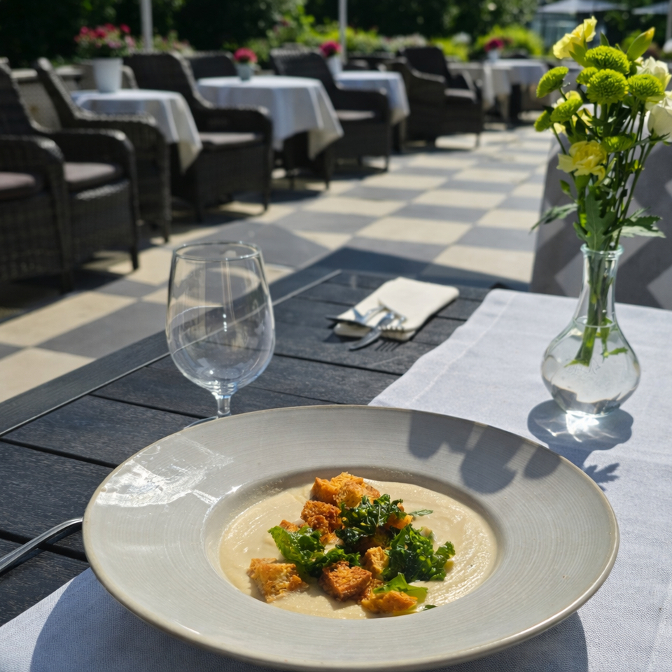 Taras hotelowej restauracji: kremowa zupa z grzankami i zieleniną, kieliszek i żółte kwiaty na słonecznym stole