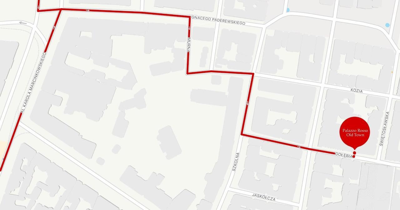 Mapa z trasą prowadzącą do hotelu Palazzo Rosso Old Town w historycznej dzielnicy miasta