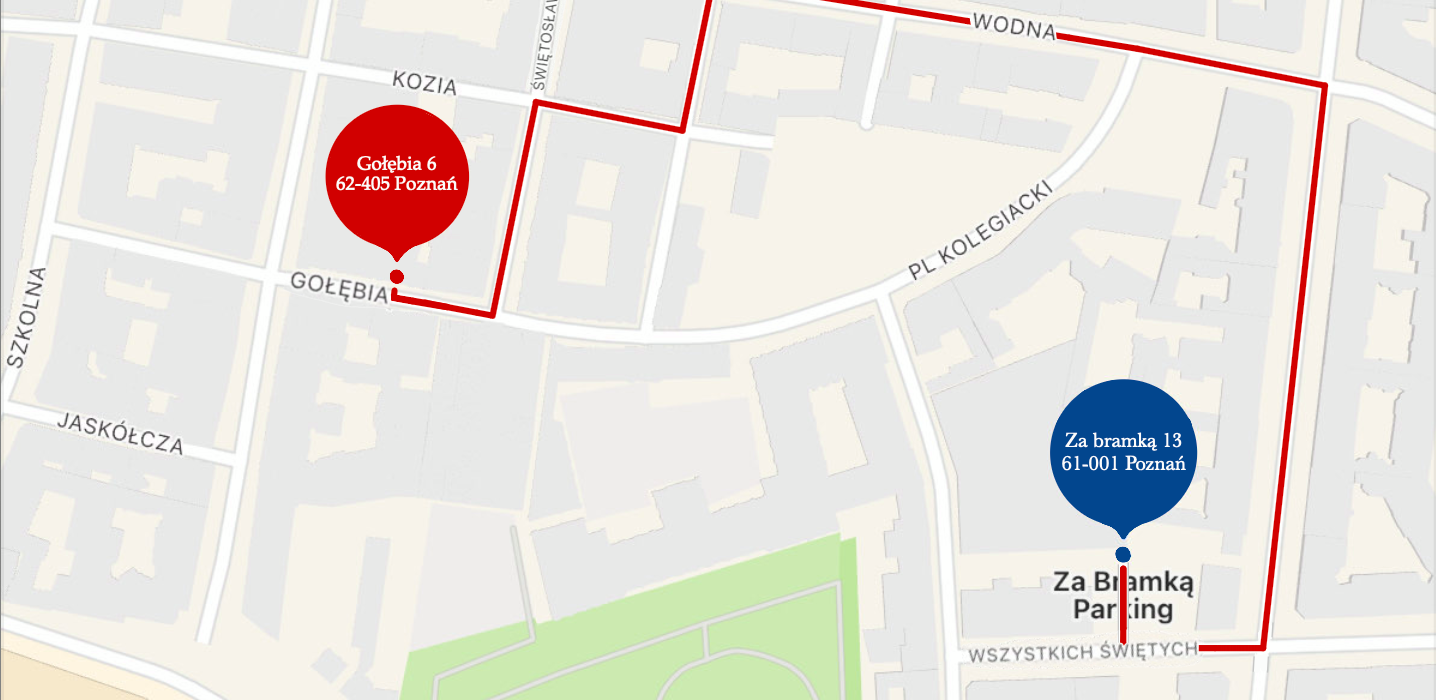 Mapa z trasą pieszą z parkingu Za Bramką 13 w Poznaniu do budynku przy Gołębia 6, przebieg przez ulice Garbary, Wodna i Klasztorna