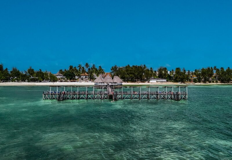 Overwater wooden pier with thatched-roof huts extending into clear turquoise ocean near a sandy beach lined with palm trees