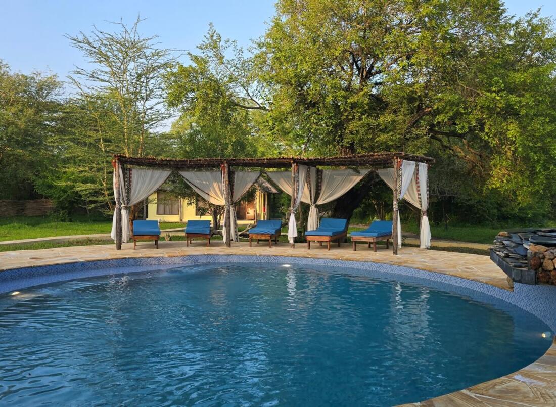 Outdoor round swimming pool with stone deck, shaded wooden pergola with white curtains and blue cushioned lounge chairs, surrounded by greenery