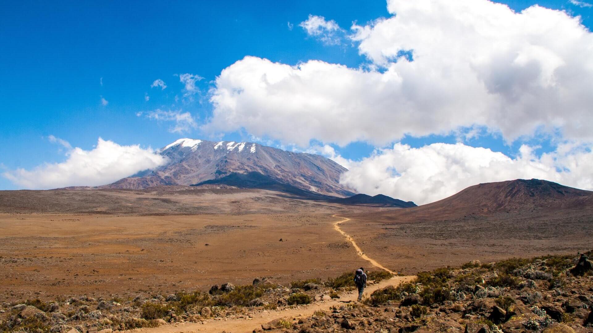 Scenic hiking trail leading to snow-capped mountain peak under bright blue sky with scattered clouds
