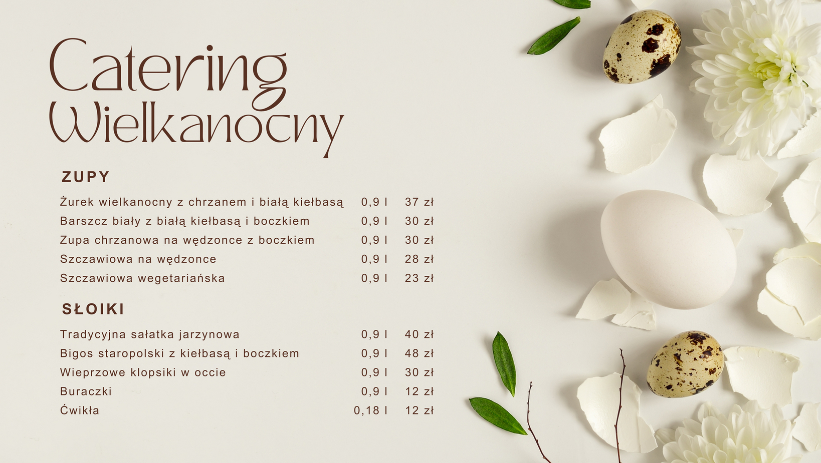 Karta cateringu wielkanocnego z listą zup i potraw w słoikach, elegancka typografia, dekoracyjne jajka, skorupki i białe kwiaty.