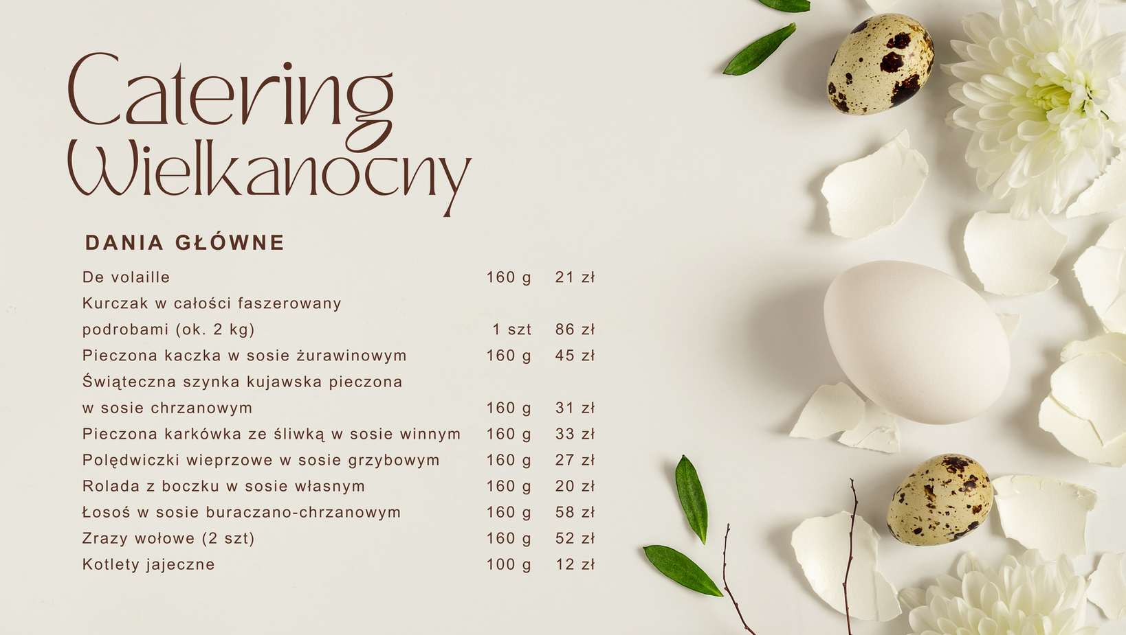 Menu cateringu wielkanocnego z listą dań głównych i cenami, ozdobione jajkami, skorupkami, białymi kwiatami i zielonymi listkami