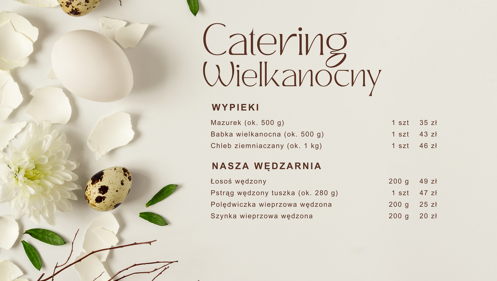 Wielkanocne menu cateringowe z pisankami, białym kwiatem i listkami, lista wypieków i wędlin z cenami