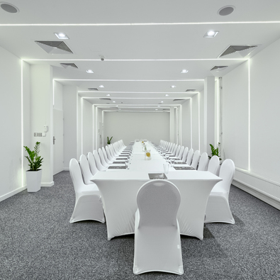 Modern conference room with a long table, white chairs, and subtle LED lighting, perfect for business meetings.