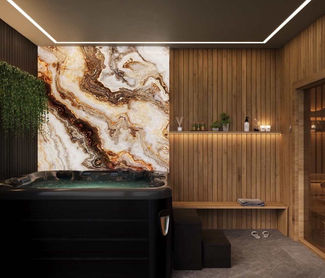 Luksusowe spa z czarnym jacuzzi, efektowną marmurową ścianą, ciepłymi drewnianymi panelami, półką z olejkami i przeszkloną sauną