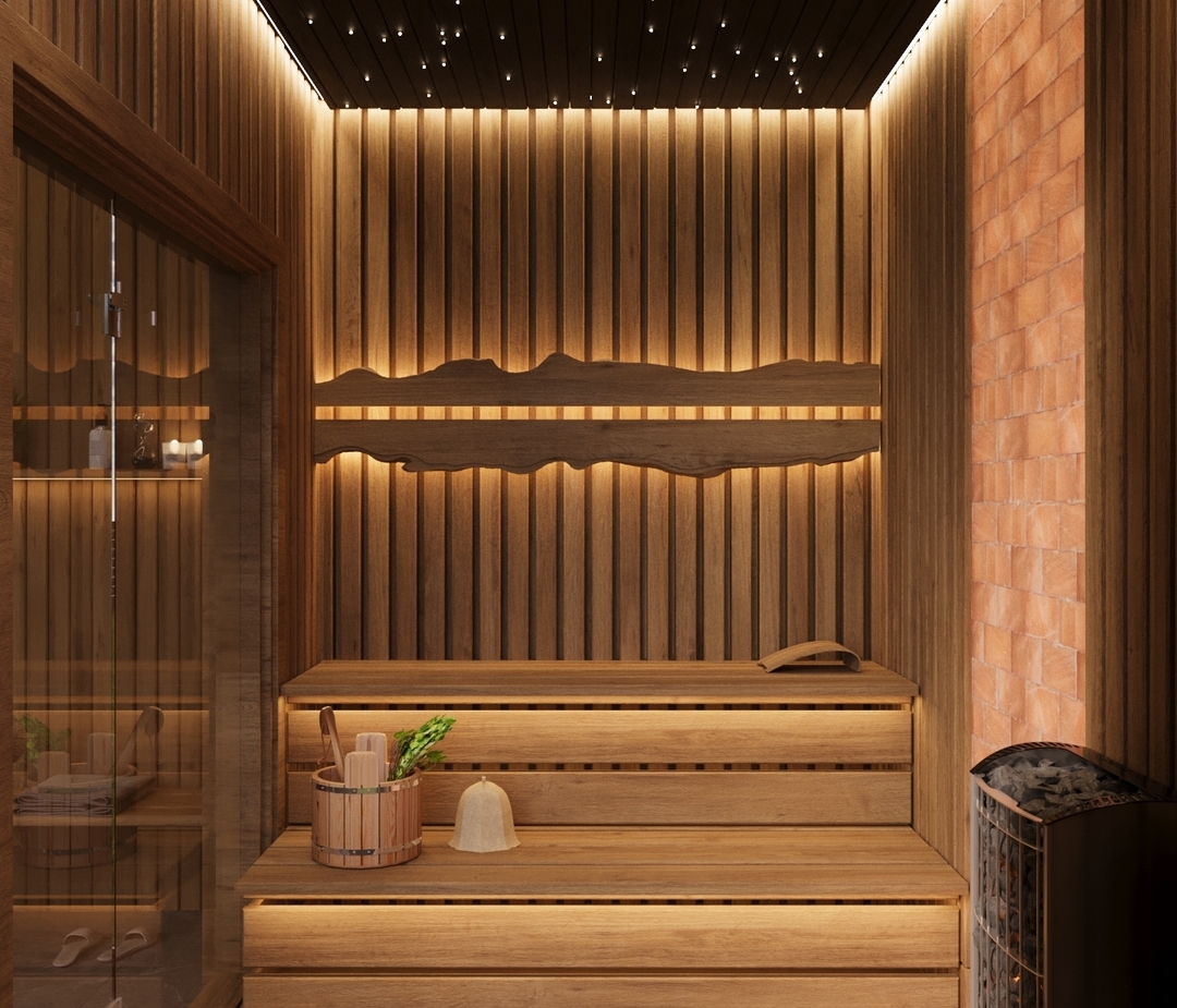 Ciepła drewniana sauna spa z piętrowymi ławami, gwiaździstym sufitem, wiadrem i czapką do sauny, przeszklonymi drzwiami i piecem