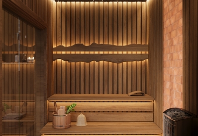 Ciepła drewniana sauna spa z piętrowymi ławami, gwiaździstym sufitem, wiadrem i czapką do sauny, przeszklonymi drzwiami i piecem