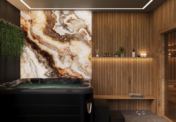 Luksusowe spa z czarnym jacuzzi, efektowną marmurową ścianą, ciepłymi drewnianymi panelami, półką z olejkami i przeszkloną sauną