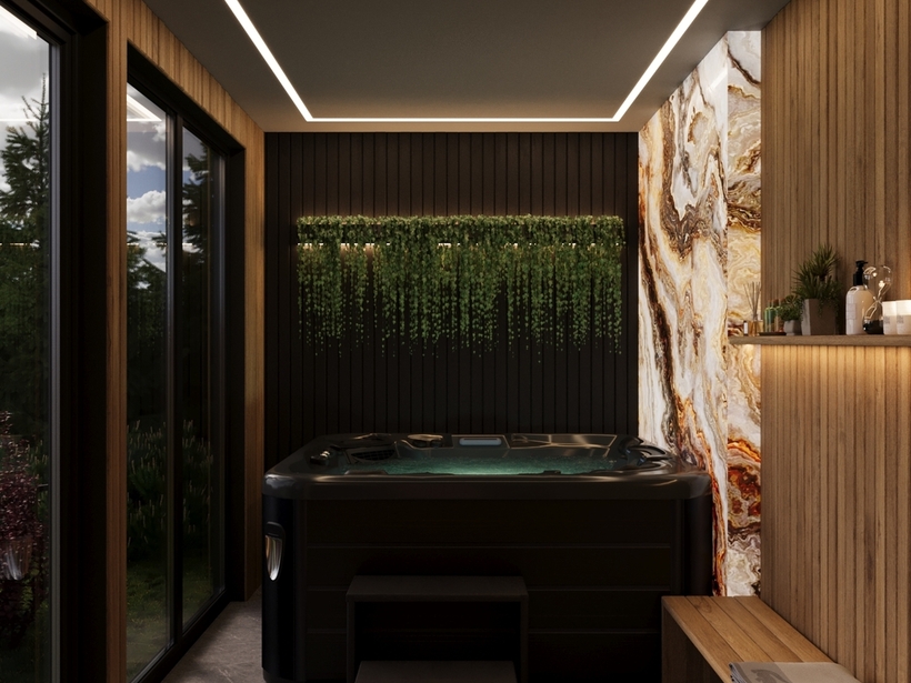 Spa wewnętrzne z jacuzzi, duże okna na ogród, drewniane panele, marmurowy akcent, zwisające rośliny, ławka z ręcznikami i klapkami.