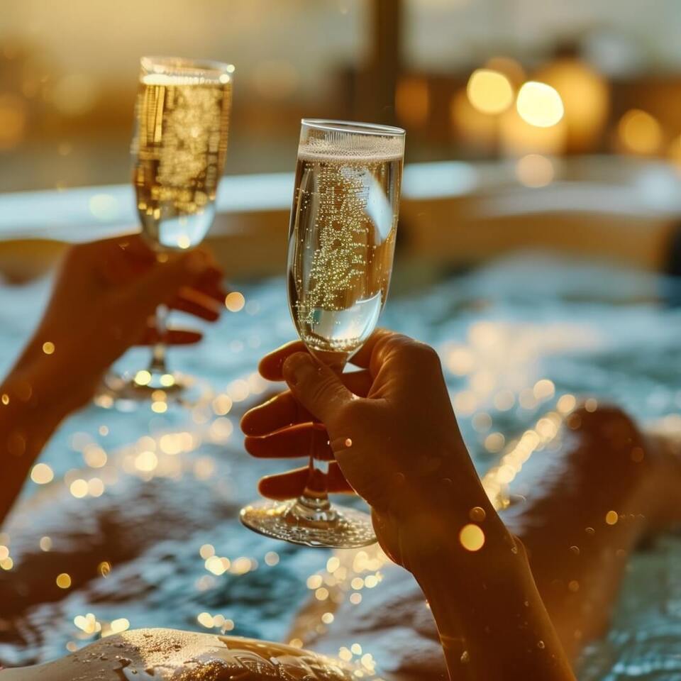 Dwie osoby w jacuzzi w hotelu, trzymają kieliszki szampana przy ciepłym świetle i rozmytym widoku świateł miasta.