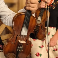 Close-up of two violins held by musicians in embroidered outfits during an intimate live music moment
