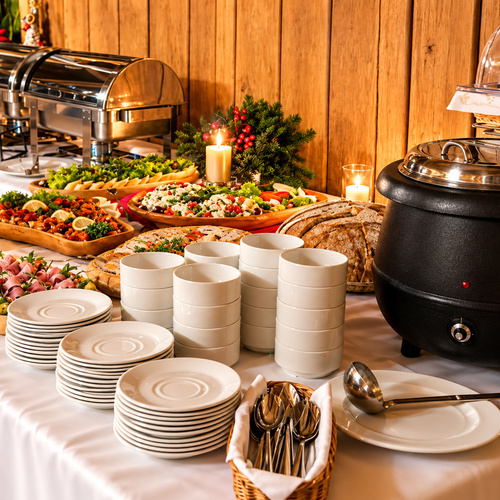 Festliches Hotelbuffet mit Warmhaltern, Suppentopf, gestapelten Tellern und Schalen, Salaten, Aufschnitt, Brot und Kerzen.