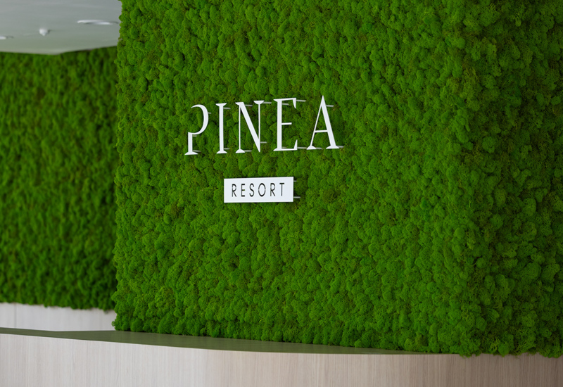 Recepcja resortu z zieloną ścianą pokrytą mchem i nowoczesnym drewnianym blatem z falistym wzorem