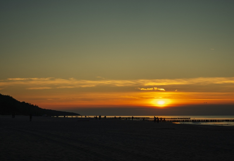 Spokojna plaża o zachodzie słońca, cisza i złote niebo nad górującą linią drzew.
