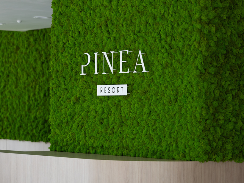 Recepcja resortu z zieloną ścianą pokrytą mchem i nowoczesnym drewnianym blatem z falistym wzorem