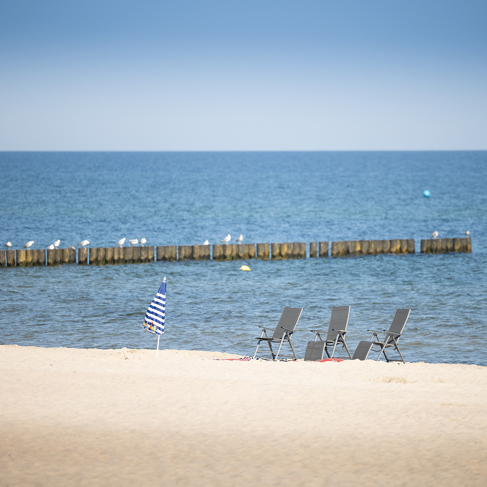 Quatre chaises pliantes et un petit parasol rayé bleu et blanc sur une plage de sable au bord d’une mer calme avec brise-lames en bois et mouettes.
