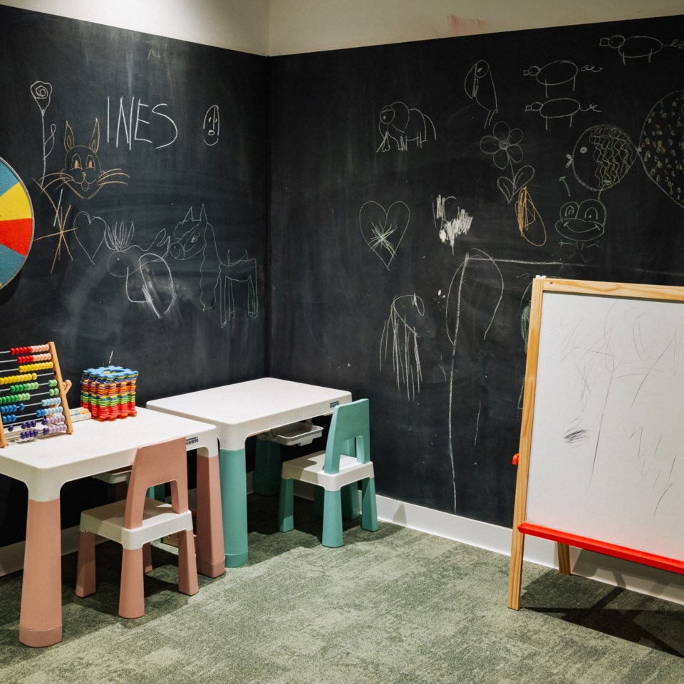 Kolorowy kącik zabaw dla dzieci z tablicą kredową, dwoma stolikami i krzesełkami oraz zabawkami edukacyjnymi