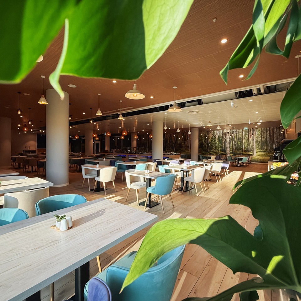 Jasna, przestronna restauracja hotelowa z drewnianymi stołami, miękkimi turkusowymi i kremowymi krzesłami, dekoracją ścienną z lasem.